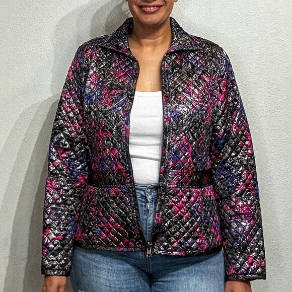 Chico's Metallic Shimmer Floral Paisley Quilted Full Zip Jacket Sz 2/L - Picture 1 of 14